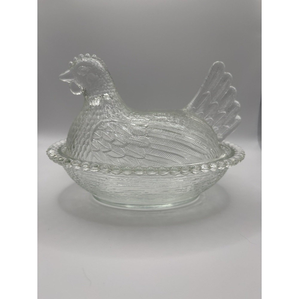 Vintage Indiana Glass Clear Large 7" Hen on Nest Covered Dish MCM Farmhouse - Picture 6 of 15